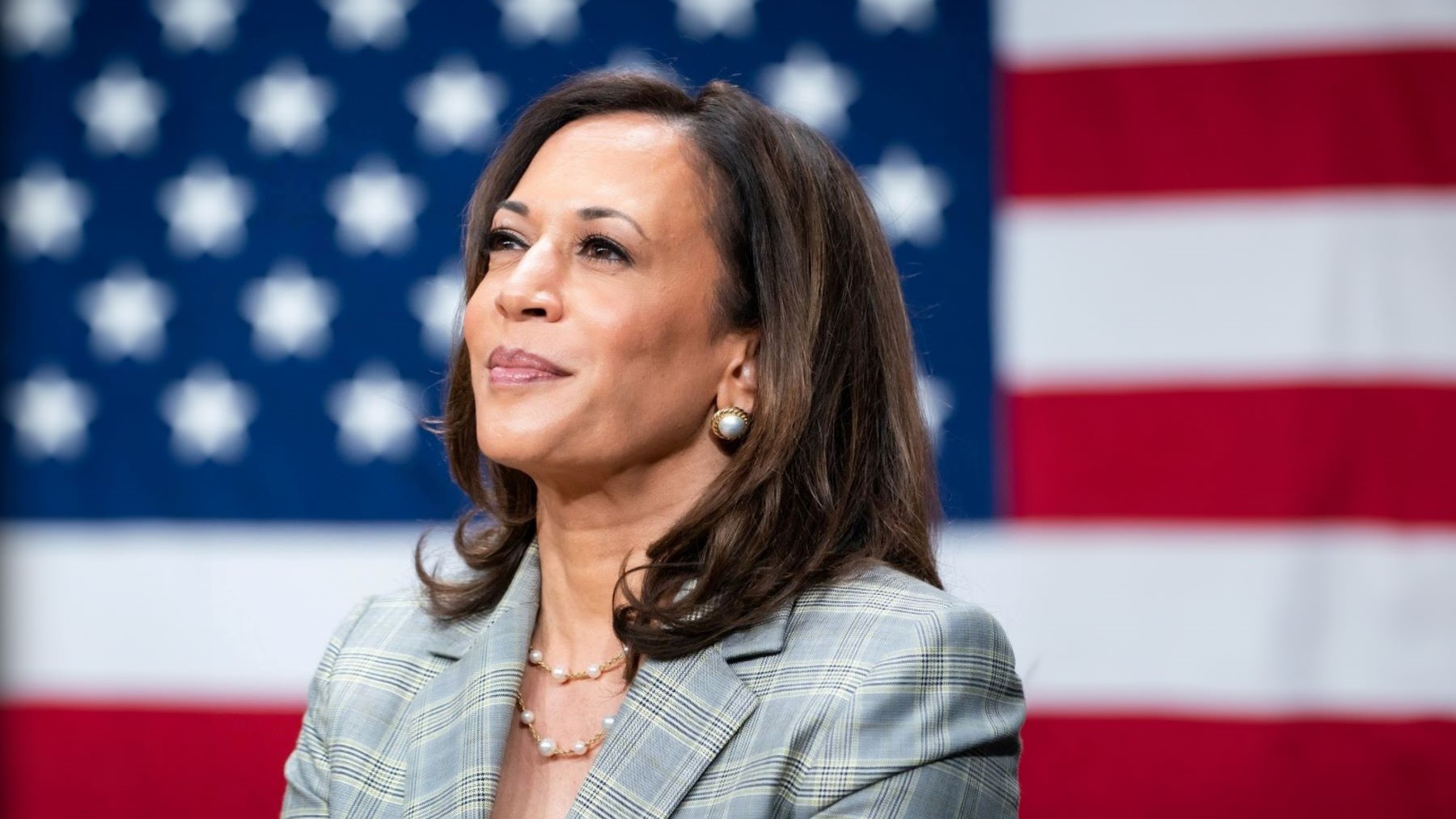 Vice President Harris in front of the United States flag.