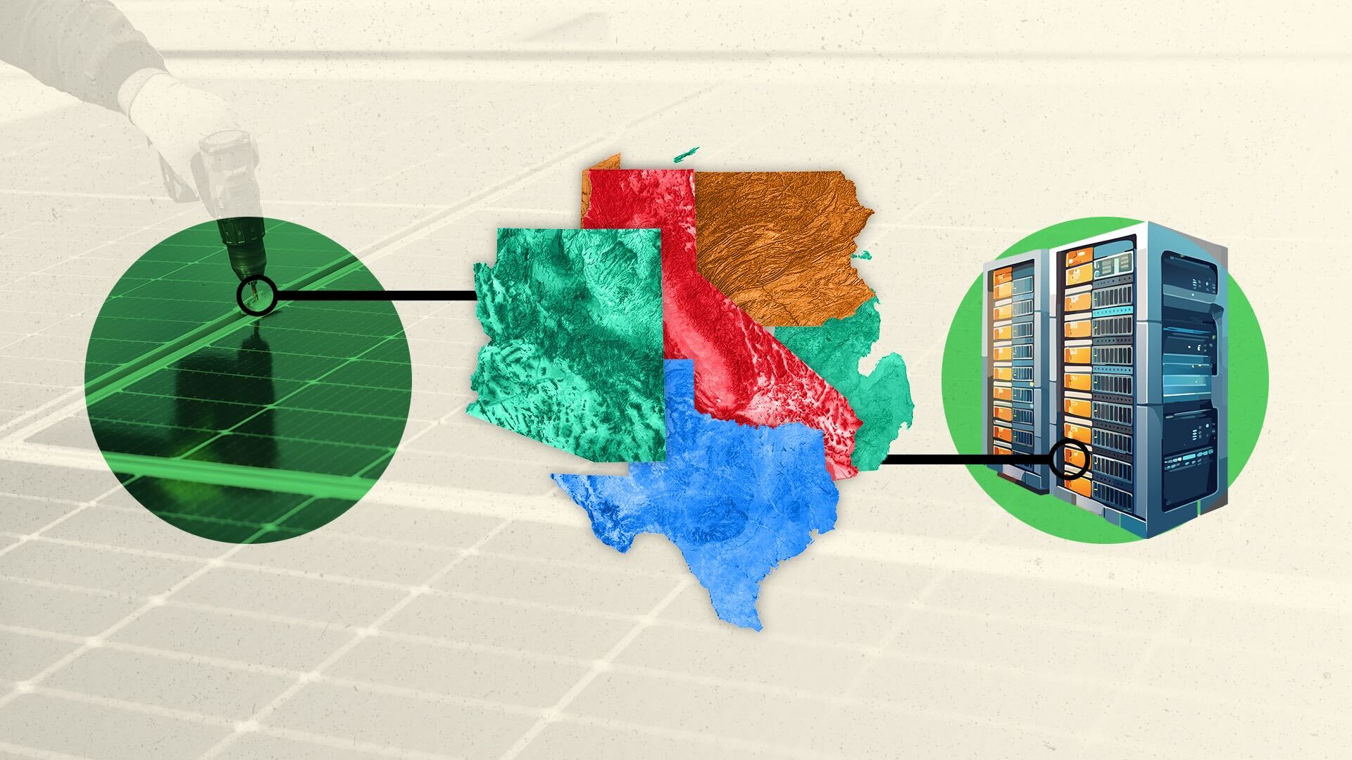 Graphic: a solar panel connected to states and those states connected to a data center.