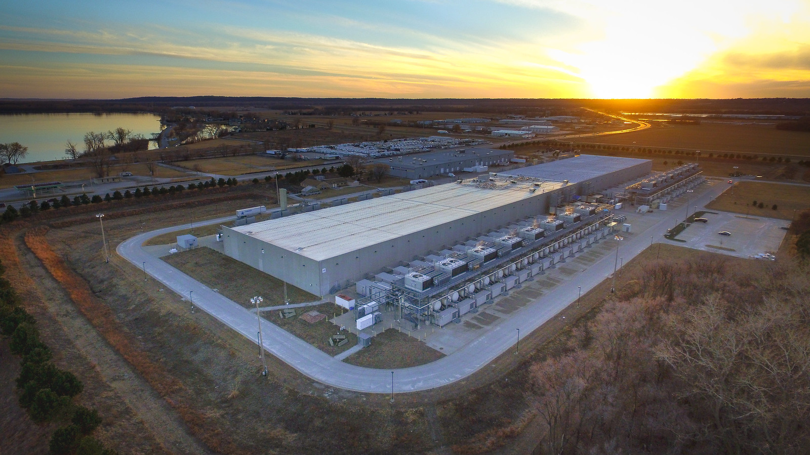 Drone shot of a Google data center in Iowa