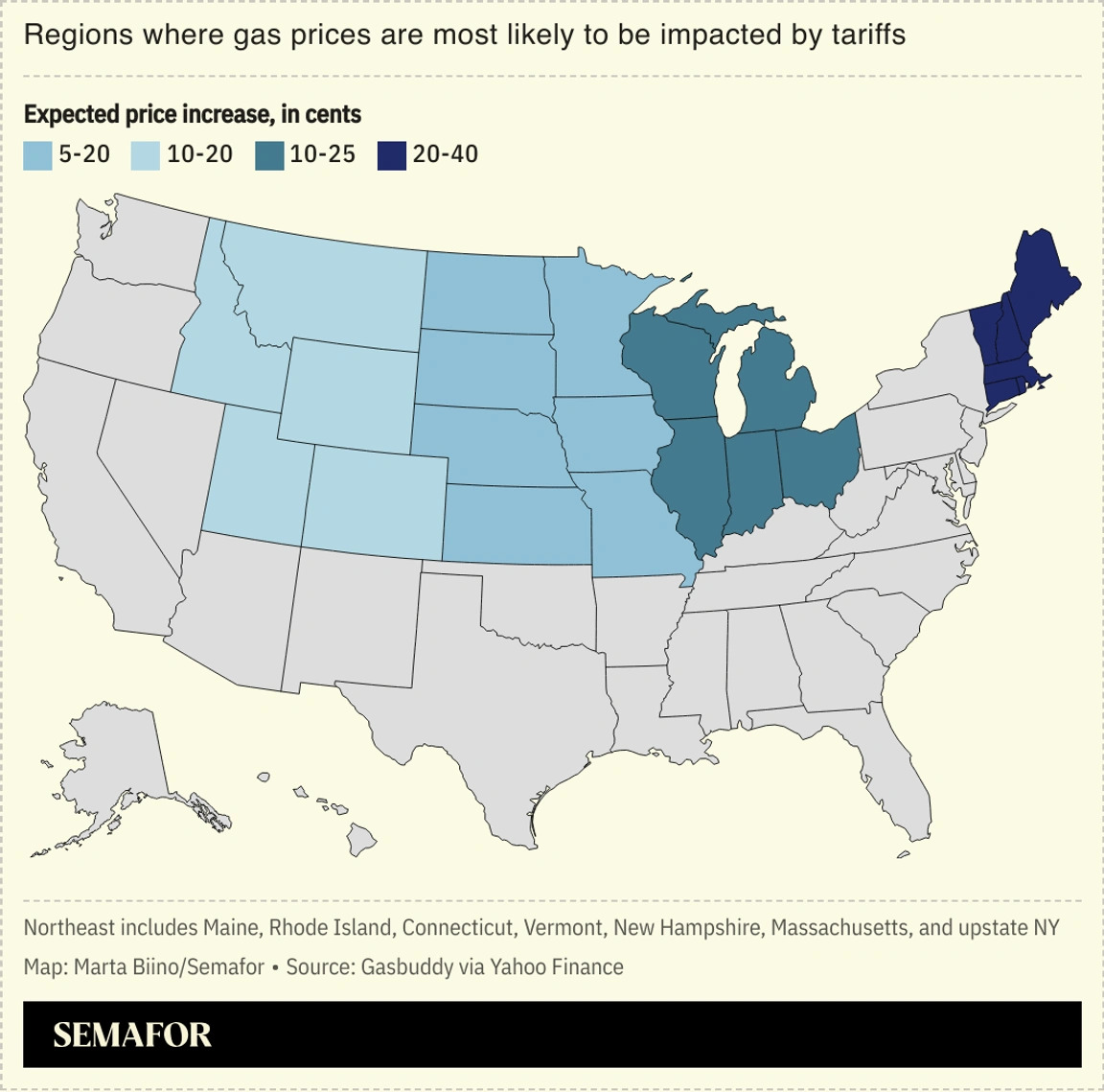 Regions where gas prices are most likely to increase due to tariffs. Map: 5-20 cents Rocky Mountain states, 10-20 cents Midwest, 10-25 cents Great Lake states, 20-40 cents Northeast.