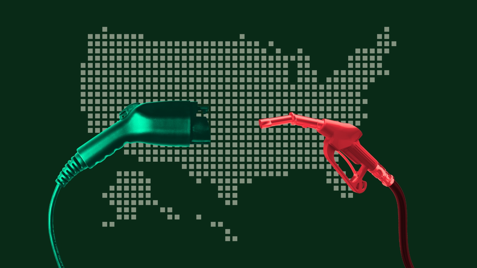 EV charger and gas pump facing each other in front of a U.S. map.