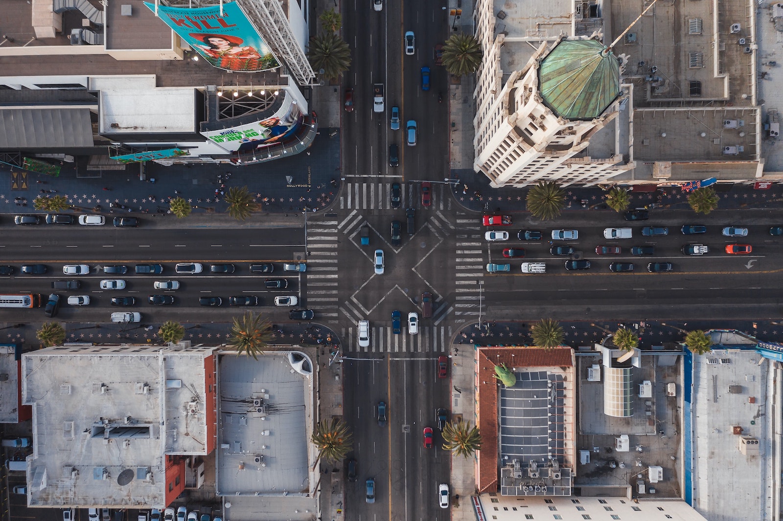 An aerial view of two roads intersecting in Los Angeles.  