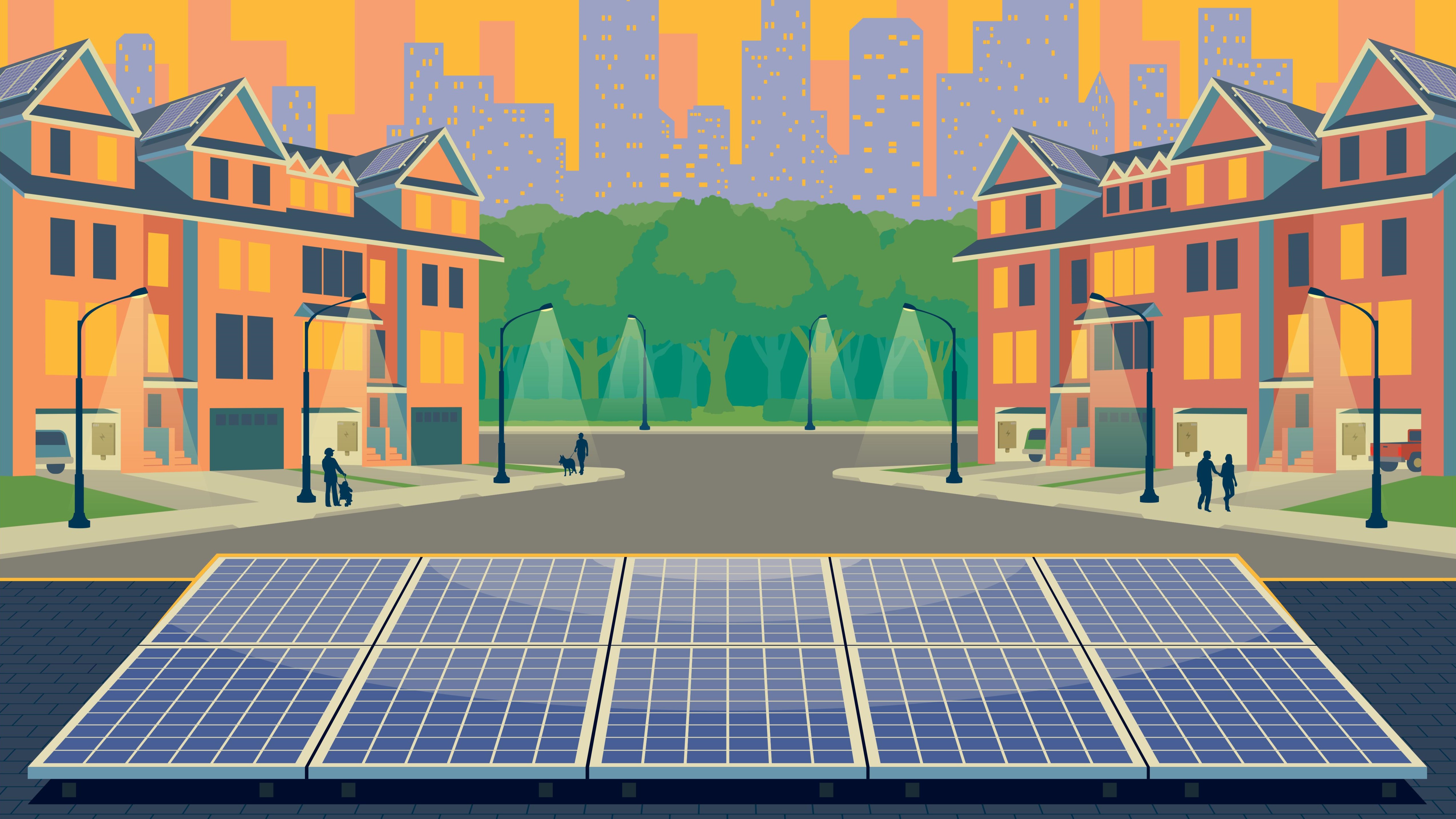 DOE's Loan Program Office Poster of virtual power plants. Graphic shows a neighborhood lit up by a solar panel array.